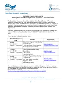 NOTICE OF PUBLIC WORKSHOPS Drinking Water State Revolving Fund and Proposition 1 Intended Use Plan The State Water Resources Control Board’s (State Water Board) Division of Financial Assistance (Division) will hold thr