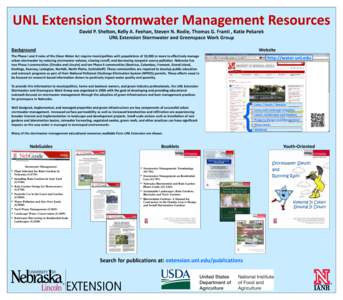 UNL Extension Stormwater Management Resources David P. Shelton, Kelly A. Feehan, Steven N. Rodie, Thomas G. Franti , Katie Pekarek UNL Extension Stormwater and Greenspace Work Group Background  Website