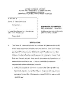 Administrative Complaint For Civil Money Penalties FDA Docket No. FDA-2015-H-0021 CRD Docket No. C