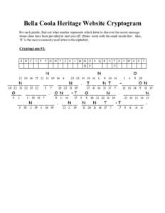 Bella Coola Heritage Website Cryptogram  For each puzzle, find out what number represents which letter to discover the secret message.  Some clues have been provided to start you off. (Hints: