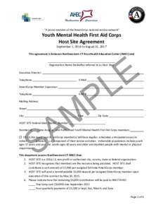 “A proud member of the AmeriCorps national service network”  Youth Mental Health First Aid Corps Host Site Agreement September 1, 2016 to August 31, 2017