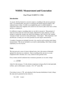 NOISE: Measurement and Generation Paul Wade N1BWT © 1996 Introduction As anyone who has listened to a receiver suspects, everything in the universe generates noise. In communications, the goal is to maximize the desired