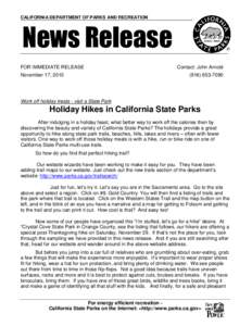 CALIFORNIA DEPARTMENT OF PARKS AND RECREATION  News Release FOR IMMEDIATE RELEASE November 17, 2010