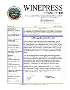 NEWSLETTER NAPA VALLEY GENEALOGICAL & BIOGRAPHICAL SOCIETY 1701 Menlo Avenue, Napa, CA2252 Email:  Web: napavalleygenealogy.org