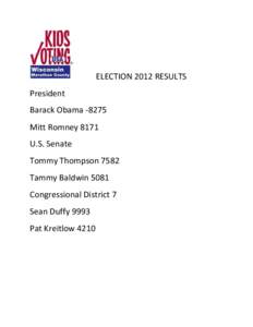 ELECTION 2012 RESULTS President Barack ObamaMitt Romney 8171 U.S. Senate Tommy Thompson 7582