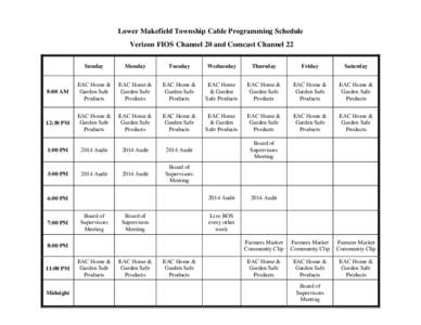 Lower Makefield Township Cable Programming Schedule Verizon FIOS Channel 20 and Comcast Channel 22 Sunday Monday