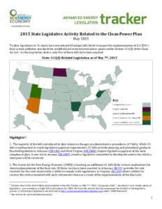 2015 State Legislative Activity Related to the Clean Power Plan May 2015 To date, legislators in 31 states have introduced 69 unique bills likely to impact the implementation of U.S. EPA’s final carbon pollution standa