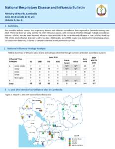 National Respiratory Disease and Influenza Bulletin Ministry of Health, Cambodia June[removed]weeks 23 to 26) Volume 6, No. 6 1 Summary This monthly bulletin reviews the respiratory disease and influenza surveillance data 