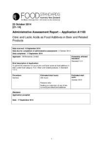 23 October[removed]–14] Administrative Assessment Report – Application A1103 Citric and Lactic Acids as Food Additives in Beer and Related Products