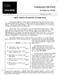 INSURANCE INSTITUTE for Highway Safety February 15, 1971 Vol. 6, No. 3