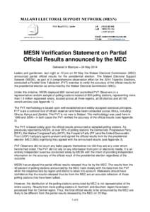 MESN Verification Statement on Partial Official Results announced by the MEC Delivered in Blantyre – 24 May 2014