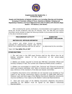 Supplemental/Bid Bulletin NoFebruary 2016 Supply and Distribution of Ballast (18,000 cu.m) including Clearing and Grubbing, Scraping of Trackbed, Lifting of Track, Insertion of Ballast, Tamping and Regulating of B