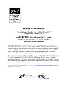 Microsoft Word - Intel ISEF[removed]Special Award winners release.doc