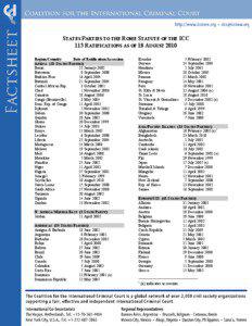 STATES PARTIES TO THE ROME STATUTE OF THE ICC 113 RATIFICATIONS AS OF 18 AUGUST 2010 Region/Country