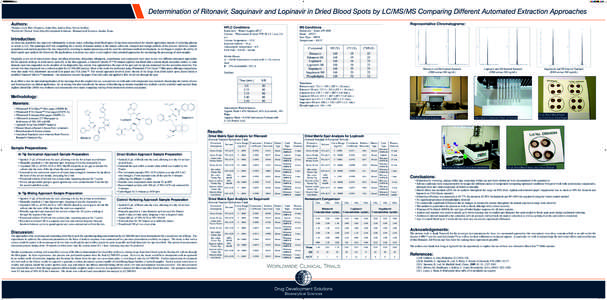 Determination of Ritonavir, Saquinavir and Lopinavir in Dried Blood Spots by LC/MS/MS Comparing Different Automated Extraction Approaches Representative Chromatograms: Authors:  Thomas Lloyd, Ravi Orugunty, Adan Orta, An