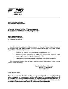 Notice and Proxy Statement Annual Meeting of Stockholders NORFOLK SOUTHERN CORPORATION Three Commercial Place, Norfolk, Virginia 23510