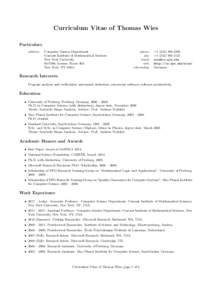Curriculum Vitae of Thomas Wies Particulars address: Computer Science Department Courant Institute of Mathematical Sciences