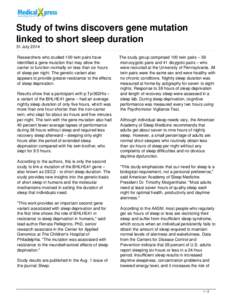 Study of twins discovers gene mutation linked to short sleep duration