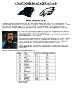 COUNTDOWN TO KICKOFF (8 DAYS)  FROM WORST TO FIRST Competitive balance, one of the hallmarks of the NFL, gives fans hope entering each season. Four 2013 playoff teams – the Carolina Panthersin 2013, 7-9 in 2012)