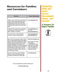 Resources for Families and Caretakers Resource Contact Information