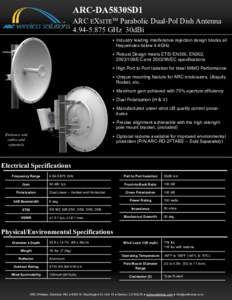 ARC-DA5830SD1 ARC EXSITETM Parabolic Dual-Pol Dish AntennaGHz 30dBi • Industry leading interference rejection design blocks all frequencies below 4.4GHz • Robust Design meets ETSI EN300, EN302,