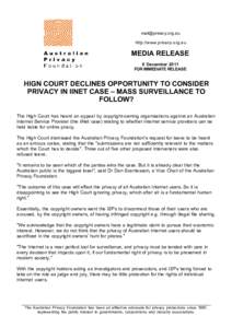 [removed] http://www.privacy.org.au MEDIA RELEASE 6 December 2011 FOR IMMEDIATE RELEASE