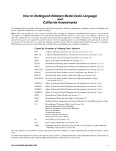 How to Distinguish Between Model Code Language and California Amendments To distinguish between model code language and the incorporated California amendments, including exclusive California standards, California amendme