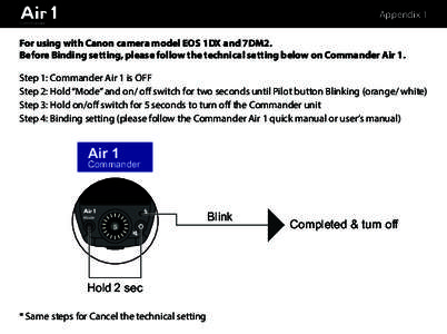 Appendix 1  Commander For using with Canon camera model EOS 1DX and 7DM2. Before Binding setting, please follow the technical setting below on Commander Air 1.