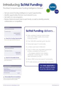 Introducing SciVal Funding: The Most Comprehensive Funding Intelligence Solution –	Get pre-award funding intelligence on grant opportunities –	Identify opportunities that are most relevant to you –	Get alerts on
