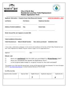 City of North Bay Residential Low-flow Toilet Replacement Rebate Application Form