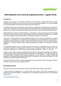 INFORME Deforestación en el norte de Argentina enero - agosto 2016