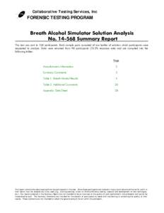 Collaborative Testing Services, Inc  FORENSIC TESTING PROGRAM Breath Alcohol Simulator Solution Analysis No[removed]Summary Report This test was sent to 128 participants. Each sample pack consisted of two bottles of solu