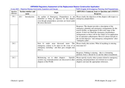 ARPANSA Regulatory Assessment of the Replacement Reactor Construction Application 9 July[removed]Reactive Review Comments, Questions and Issues PSAR Chapter 20 Emergency Planning And Preparedness Question reference