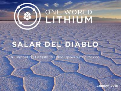 One World Lithium Inc. (OWL) is a lithium exploration company that is a compelling investment opportunity with its Salar del Diablo lithium property: •  The Salar del Diablo is a 75,000 hectare lithium property (290 s