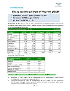 BUSINESS UPDATE  Strong operating margin drives profit growth  Revenue up 18%; PAT & Cash Profit up 55% YoY  Operational EBITDA margin at 25.9%  Net Debt / Op EBITDA at 1.7x