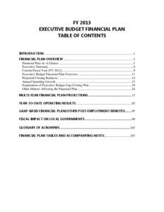 FY 2013 EXECUTIVE BUDGET FINANCIAL PLAN TABLE OF CONTENTS INTRODUCTION ...............................................................................................................1 FINANCIAL PLAN OVERVIEW ............