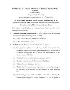 THE MEGHALAYA FOREST (REMOVAL OF TIMBER) (REGULATION) ACT,1981 (Act 12 of 1981)