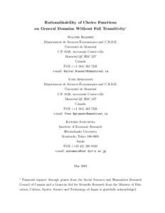 Rationalizability of Choice Functions on General Domains Without Full Transitivity∗ Walter Bossert ´ D´epartement de Sciences Economiques and C.R.D.E.