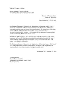 REPUBLIC OF ECUADOR MISSION OF ECUADOR TO THE ORGANIZATION OF AMERICAN STATES Ministry of Foreign Affairs, Trade and Integration Note Verbale No[removed]