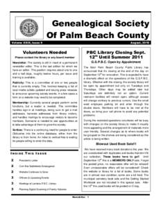 Genealogical Society Of Palm Beach County Volume XXIX, Issue 6 August, 2010