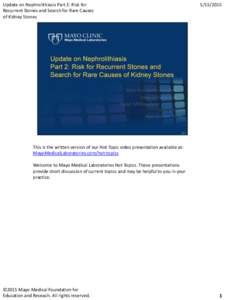 Update on Nephrolithiasis Part 2: Risk for Recurrent Stones and Search for Rare Causes of Kidney Stones