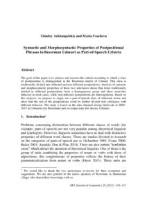 Timofey Arkhangelskiy and Maria Usacheva  Syntactic and Morphosyntactic Properties of Postpositional Phrases in Beserman Udmurt as Part-of-Speech Criteria  Abstract