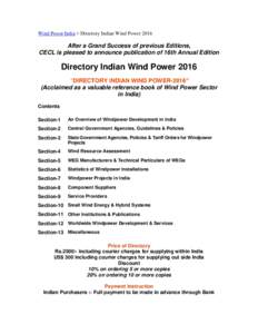 Wind Power India > Directory Indian Wind PowerAfter a Grand Success of previous Editions, CECL is pleased to announce publication of 16th Annual Edition  Directory Indian Wind Power 2016