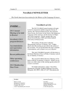Number 53  Fall 2012 NAAHoLS NEWSLETTER The North American Association for the History of the Language Sciences