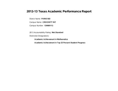 Texas Academic Performance Report District Name: PARIS ISD Campus Name: CROCKETT INT Campus Number: Accountability Rating: Met Standard