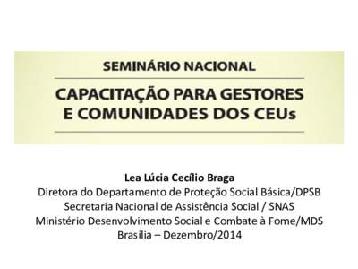 Lea Lúcia Cecílio Braga Diretora do Departamento de Proteção Social Básica/DPSB Secretaria Nacional de Assistência Social / SNAS Ministério Desenvolvimento Social e Combate à Fome/MDS Brasília – Dezembro/2014