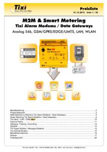 PreislisteSeiteM2M & Smart Metering Tixi Alarm Modems / Data Gateways Analog 56k, GSM/GPRS/EDGE/UMTS, LAN, WLAN