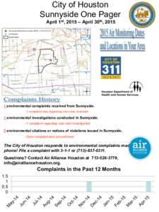 City of Houston Sunnyside One Pager April 1st, 2015 – April 30th, environmental complaints received from Sunnyside. -1 complaint was regarding odor was received.