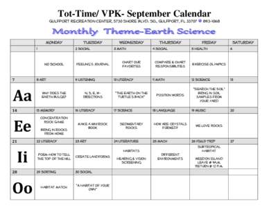 Tot-Time/ VPK- September Calendar Gulfport Recreation Center, 5730 Shore Blvd. So., Gulfport, FL[removed]MONDAY 1