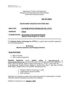 FM-POEA-04-EF-07-A Effectivity Date: Sept. 01, 2013 Department of Labor and Employment Philippine Overseas Employment Administration Government Placement Branch